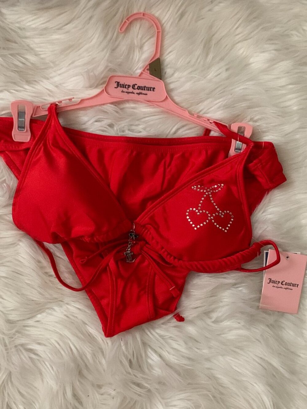 JUICY COUTURE Cherry Double Charm Triangle Bikini Set in Red Sz LARGE